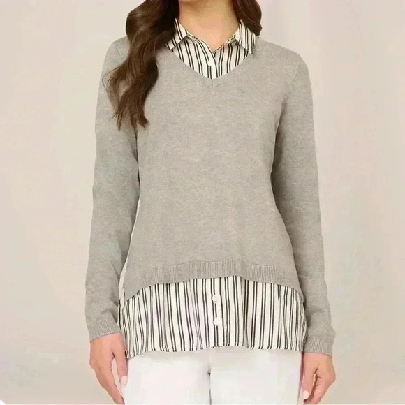Adrianna Papell Sweaters - Adrianna‎ Papell Sweater Women's Large Layered V-Neck Grey Ivory Formal Casual